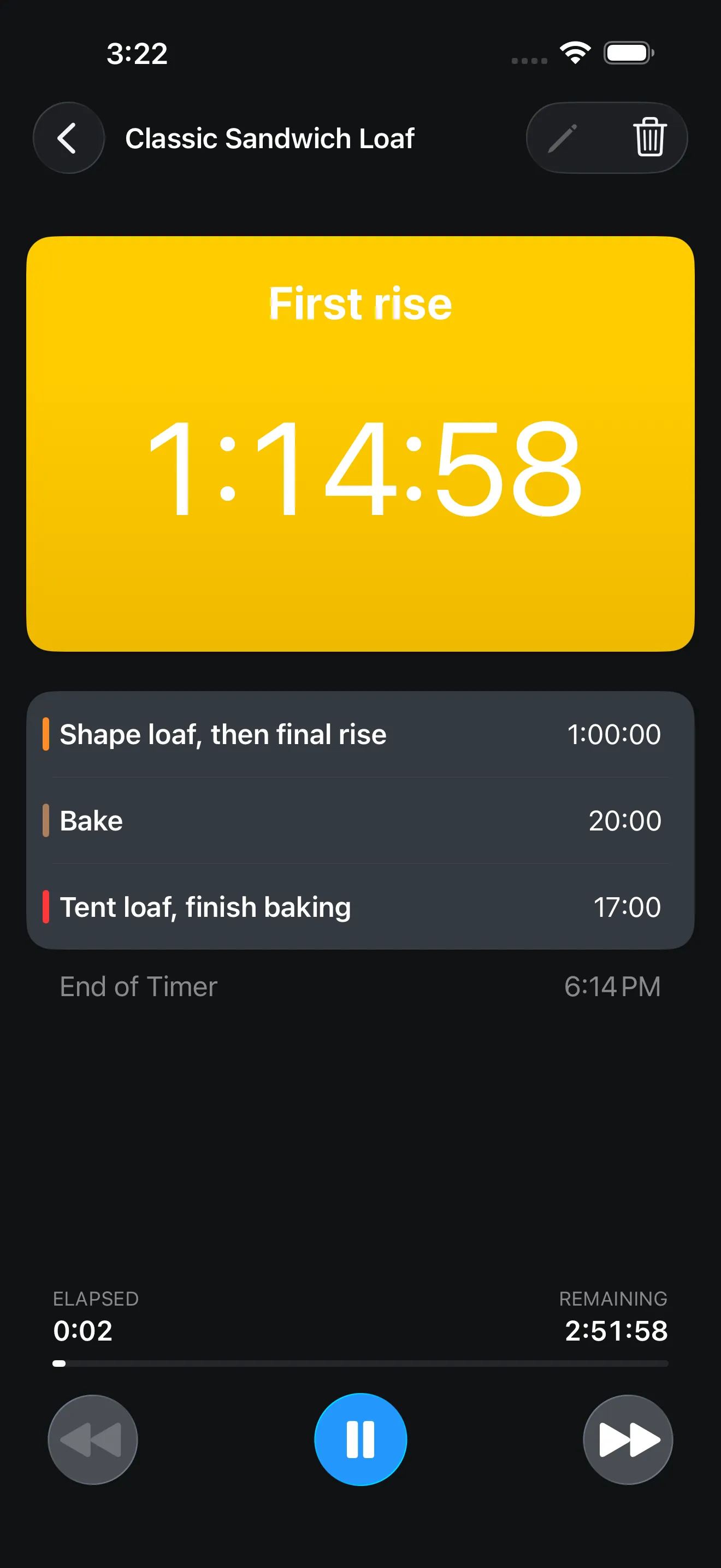 Screenshot of Timer+ showing a bread baking timer in progress.