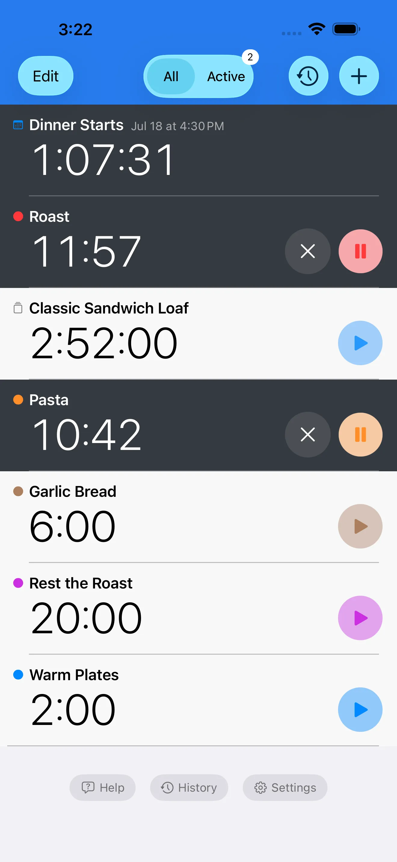 Screenshot of Timer+ showing a cooking timer list with a roast timer.