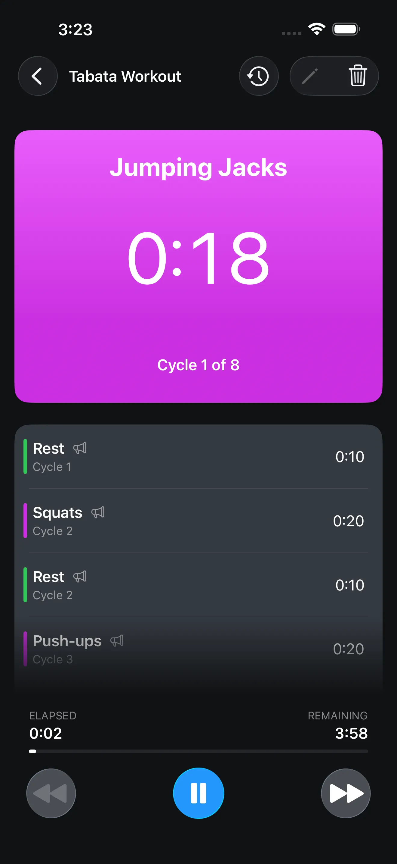 Screenshot of Timer+ showing a Tabata workout timer in progress.